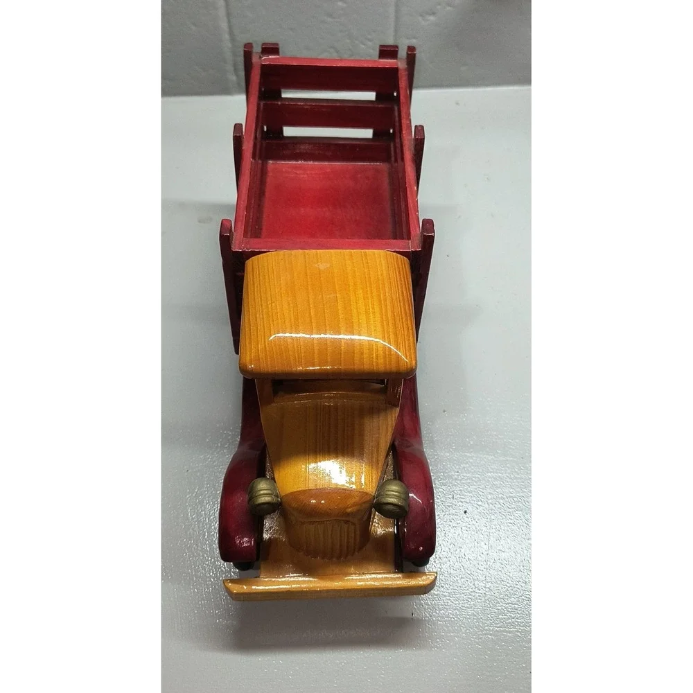 Vintage Style Wooden Stake Bed Toy Truck Red and Yellow Handcrafted Decor